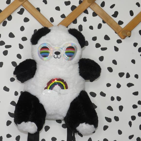 Wonder Nation Rainbow Panda Plush Fuzzy Animal Girls Backpack Bag - Picture 2 of 6
